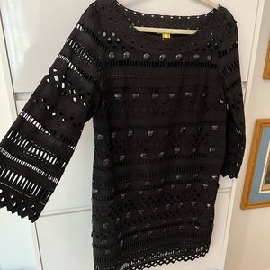 GREAT BLACK DRESS WITH BLACK STONES, LACE TRIM